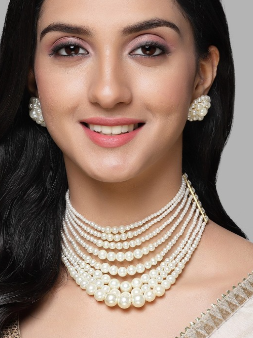 Gold Plated White Pearl Choker Necklace With Earrings