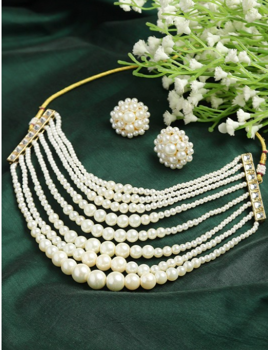 Gold Plated White Pearl Choker Necklace With Earrings - Image 2