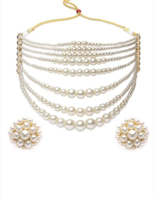 Gold Plated White Pearl Choker Necklace With Earrings - Image 3