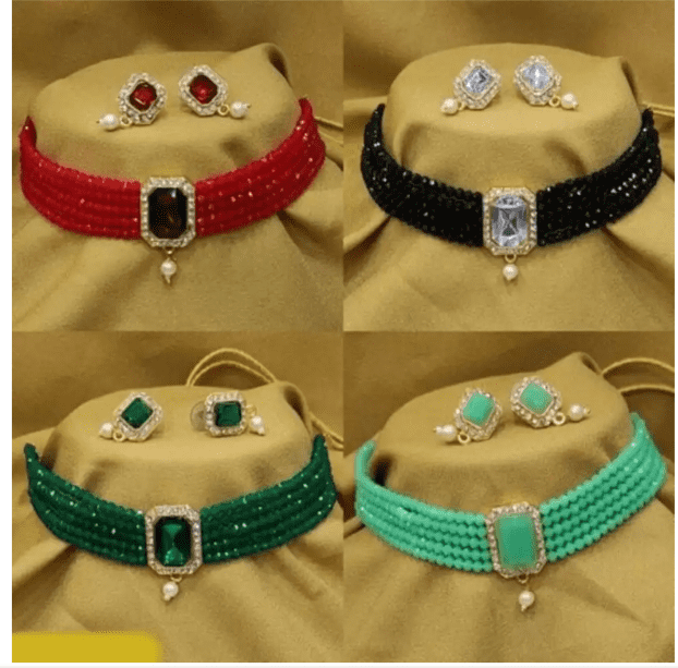 Pack Of 4 Crystal Jewel Set in Red, Black , Rose Gold and Green Color
