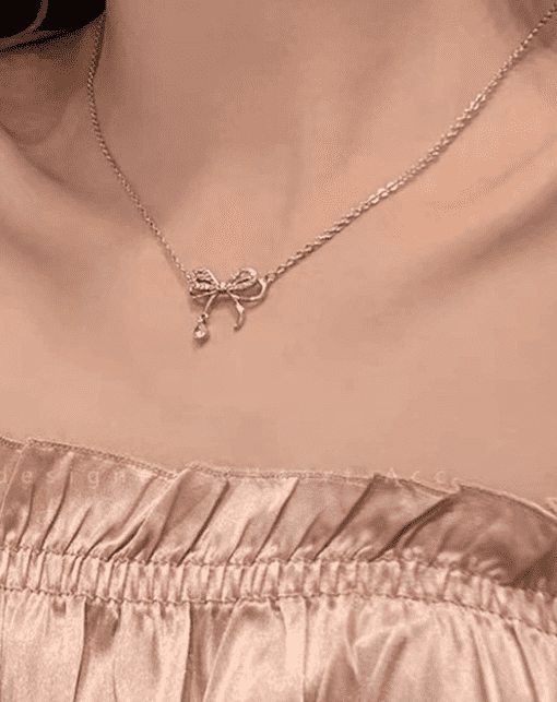 Gold Plated & Diamond Studed Bow Necklace - Image 2