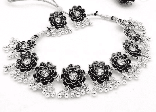 Oxidised Flower Necklace With Earring - Image 2