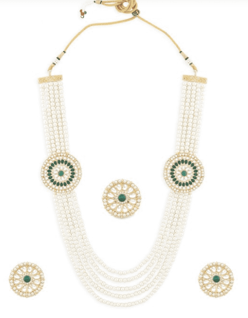 Gold Plated Green Pearl Studded Long Necklace With Earrings & Ring - Image 3